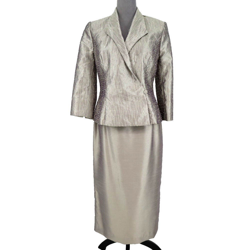 Alex Evenings Skirt Suit Womens 12 Green Beige Beads Embroidered Lined Mob Mog